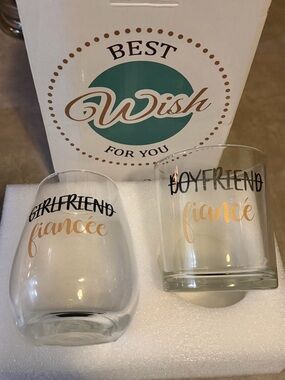 Engagement Wine Glass Boyfriend Girlfriend Fiance Fiancee Wine & Rocks Glasses.
